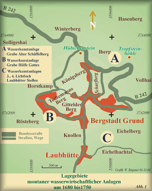 Lagegebiete montaner wasserwirtschaftlicher Anlagen um 1680 bis 1750